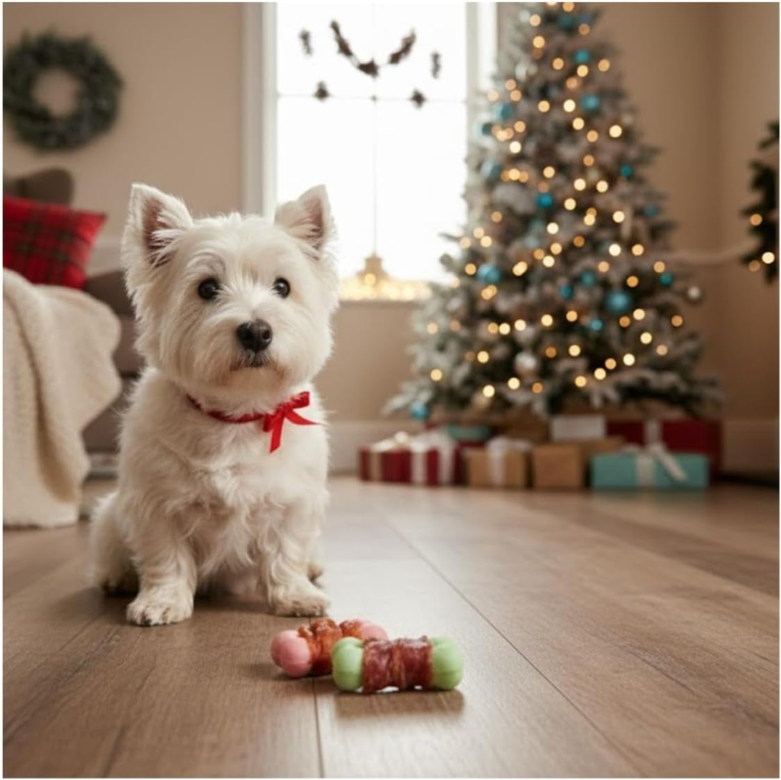 Festive Dog Treats Chicken & Duck Wrapped Biscuits – 4 Bags of Crunchy Pet Snacks in Seasonal Gift Packaging – Meaty Reward Training Treats & Stocking Fillers for Dogs at Christmas