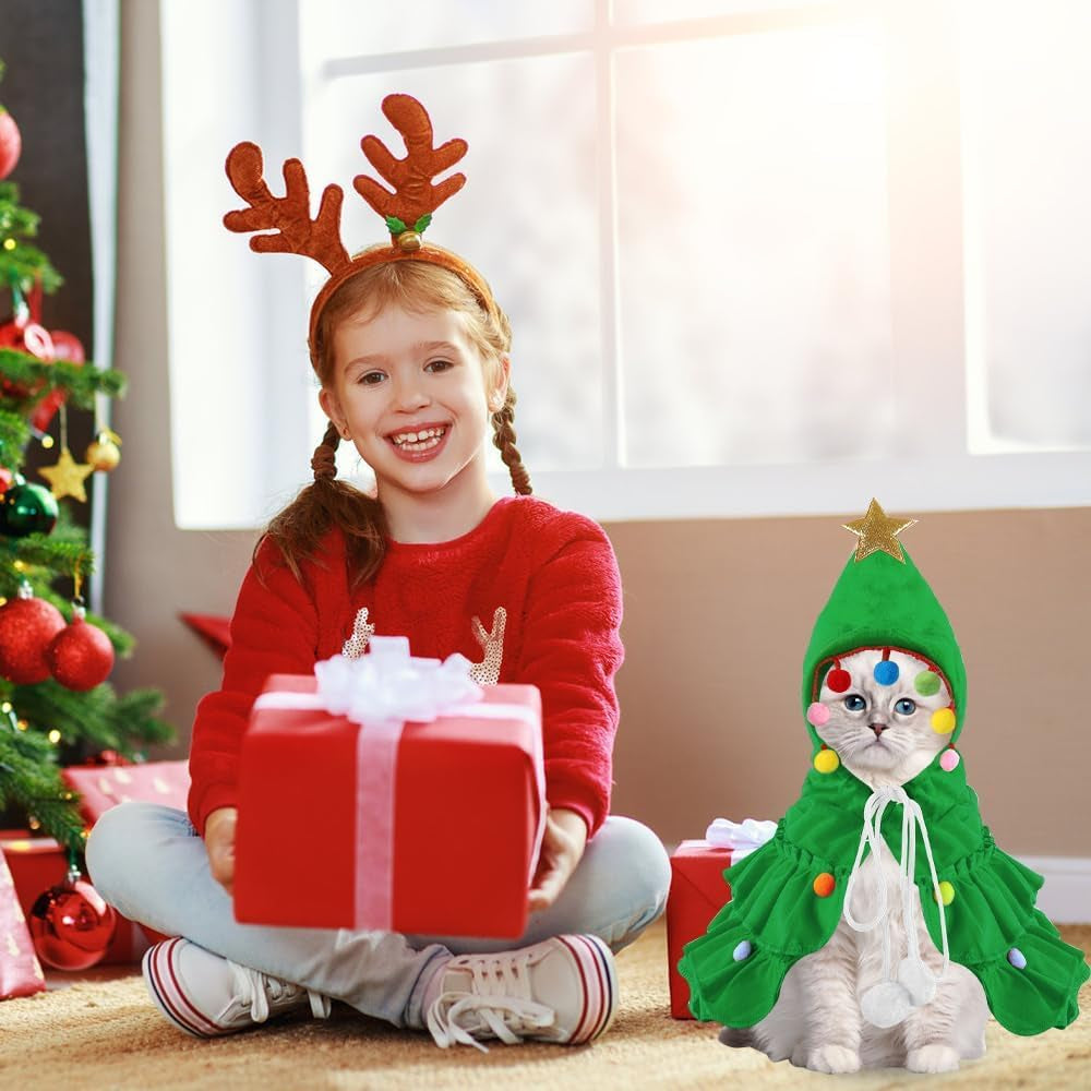 Pet Christmas Costume, Small Green Xmas Cat Cloak Cute Little Christmas Puppy Cape with Star for Small Dogs Cats Clothes Puppy New Year Party Supplies