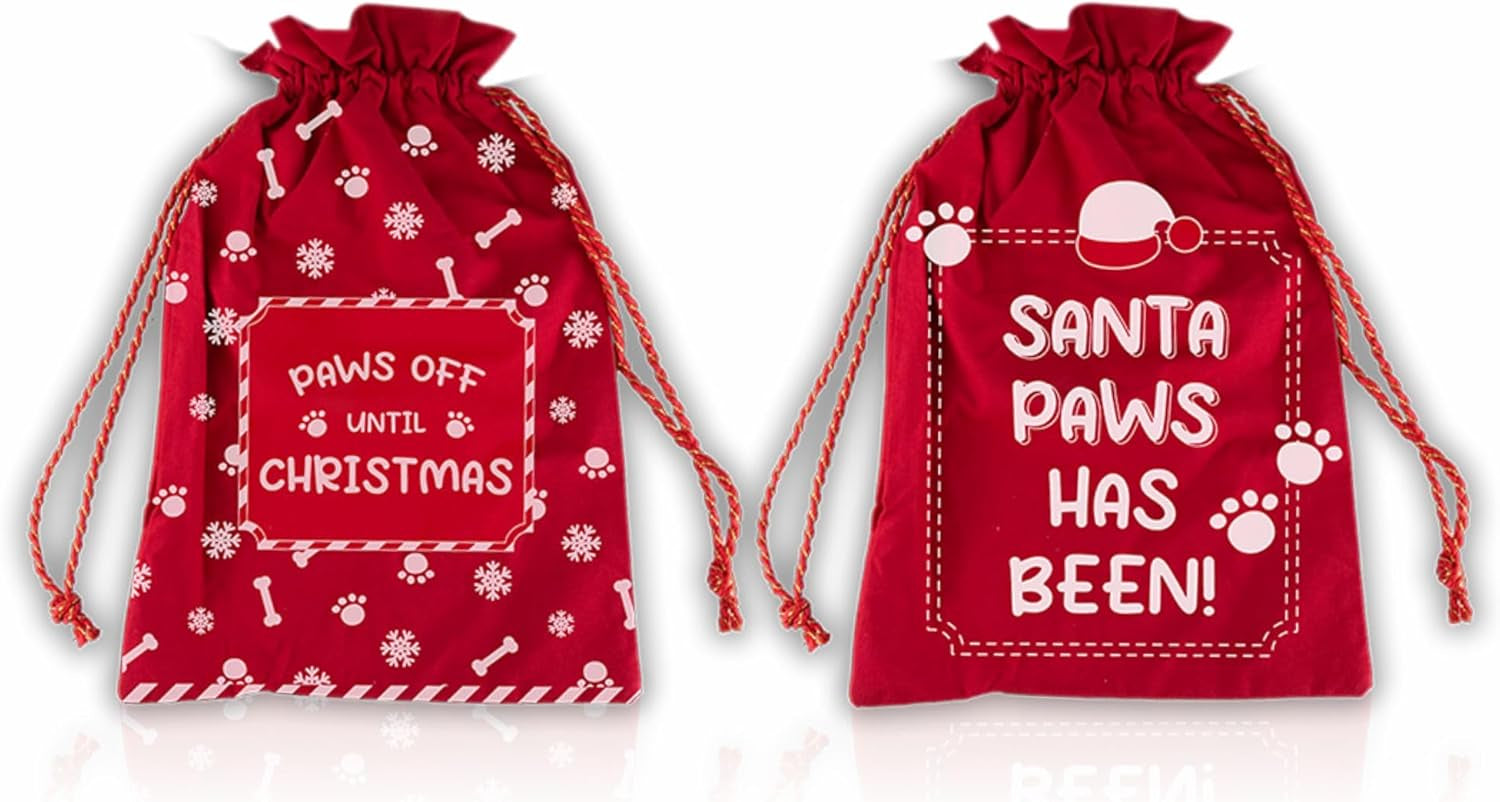 Santa Sack Bags Santa Paws Christmas Sack Dog Treat Bags for Gift Sacks Xmas Bag Printed Pet Christmas Sack Holiday Presents Stocking Stuffers Party Red (1Count)