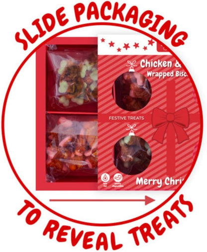 Festive Dog Treats Chicken & Duck Wrapped Biscuits – 4 Bags of Crunchy Pet Snacks in Seasonal Gift Packaging – Meaty Reward Training Treats & Stocking Fillers for Dogs at Christmas
