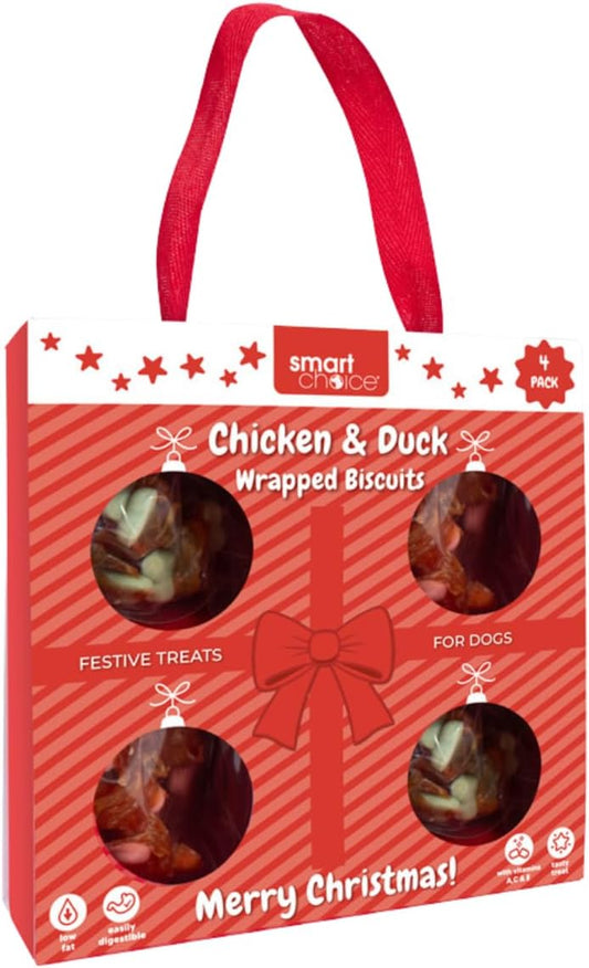 Festive Dog Treats Chicken & Duck Wrapped Biscuits – 4 Bags of Crunchy Pet Snacks in Seasonal Gift Packaging – Meaty Reward Training Treats & Stocking Fillers for Dogs at Christmas
