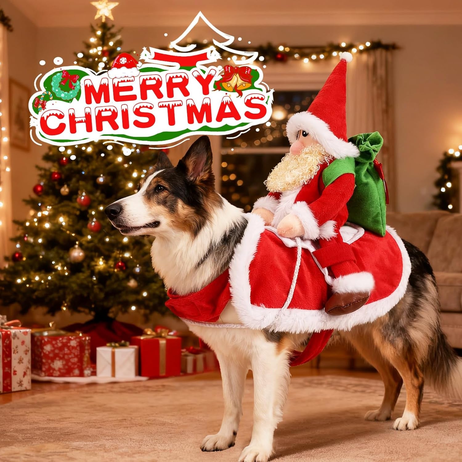Santa Dog Costume-Christmas Pet Clothes, Santa Claus Riding Pet Costume, Dog Cat Christmas Holiday Outfit, Xmas Cosplay Dressing up for Small Medium Large Dogs(M)
