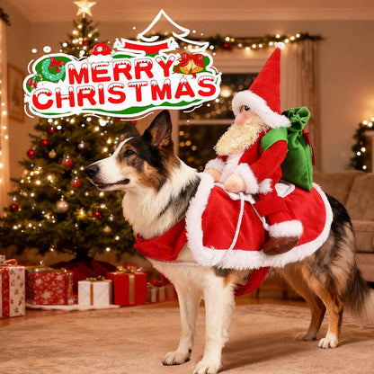 Santa Dog Costume-Christmas Pet Clothes, Santa Claus Riding Pet Costume, Dog Cat Christmas Holiday Outfit, Xmas Cosplay Dressing up for Small Medium Large Dogs(M)