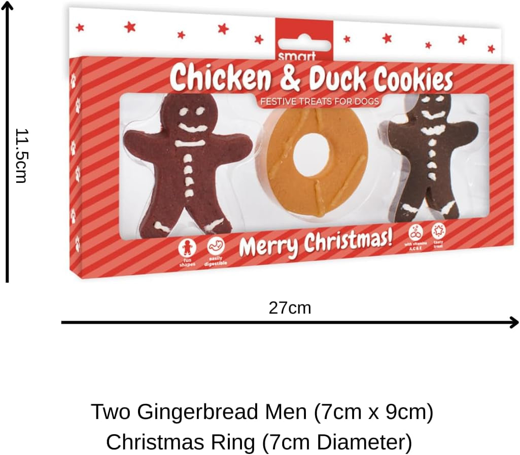 Festive Dog Treats Meaty Christmas Cookie Pack – 3 Pet Biscuits in Gingerbread & Ring Shapes with Chicken, Duck & Liver Flavour – Seasonal Snacks in Festive Gift Packaging for Dogs