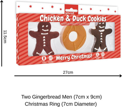 Festive Dog Treats Meaty Christmas Cookie Pack – 3 Pet Biscuits in Gingerbread & Ring Shapes with Chicken, Duck & Liver Flavour – Seasonal Snacks in Festive Gift Packaging for Dogs