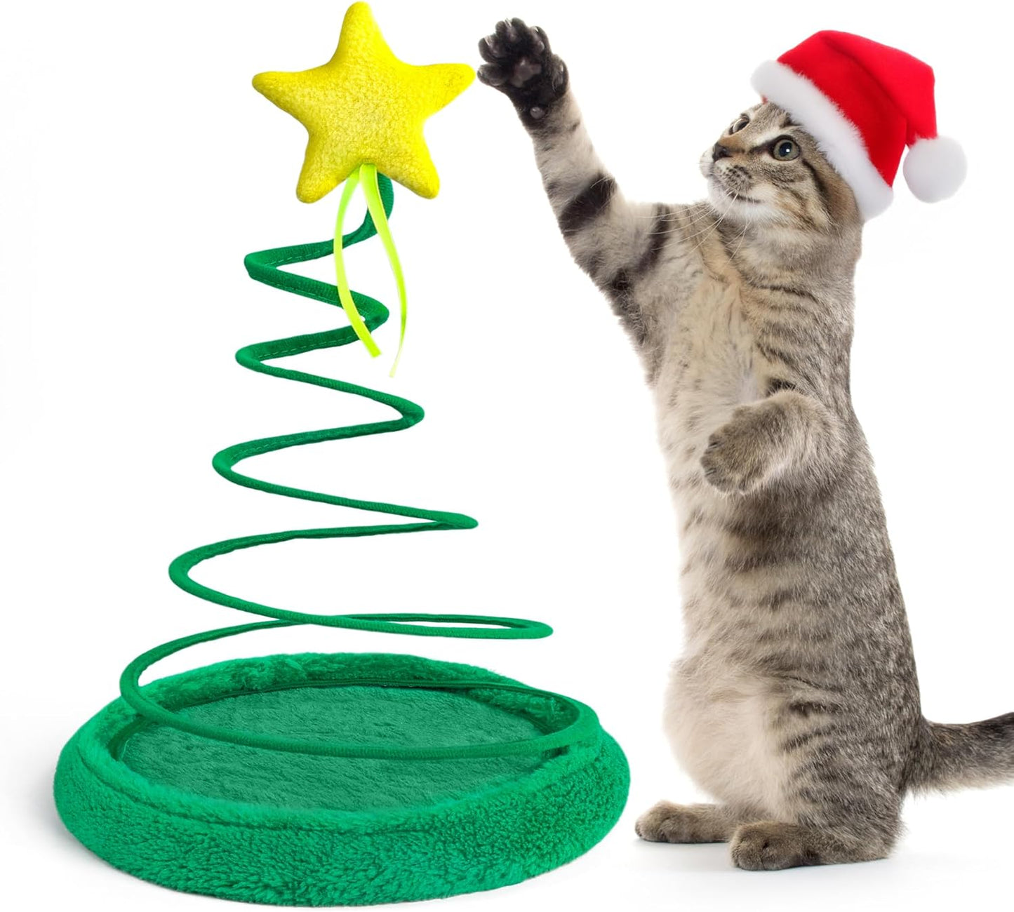 Cat Toys for Indoor Cats, Christmas Interactive Kitten Toys, Plush Spring High Resilience Collapsible Christmas Tree Star Style Pet Toys