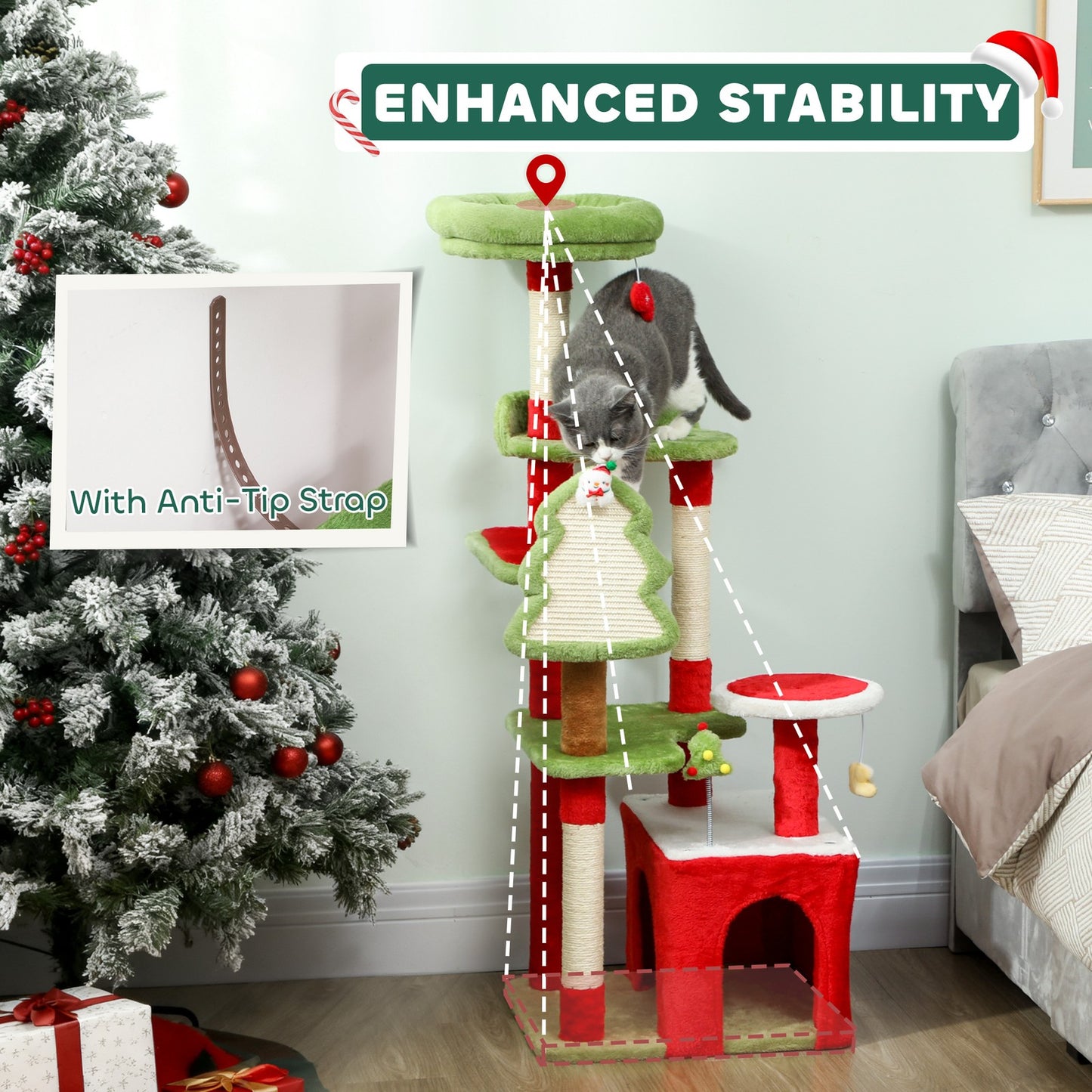 120Cm Cat Tree, Christmas Cat Tower with 3 Sisal Scratching Posts, Green