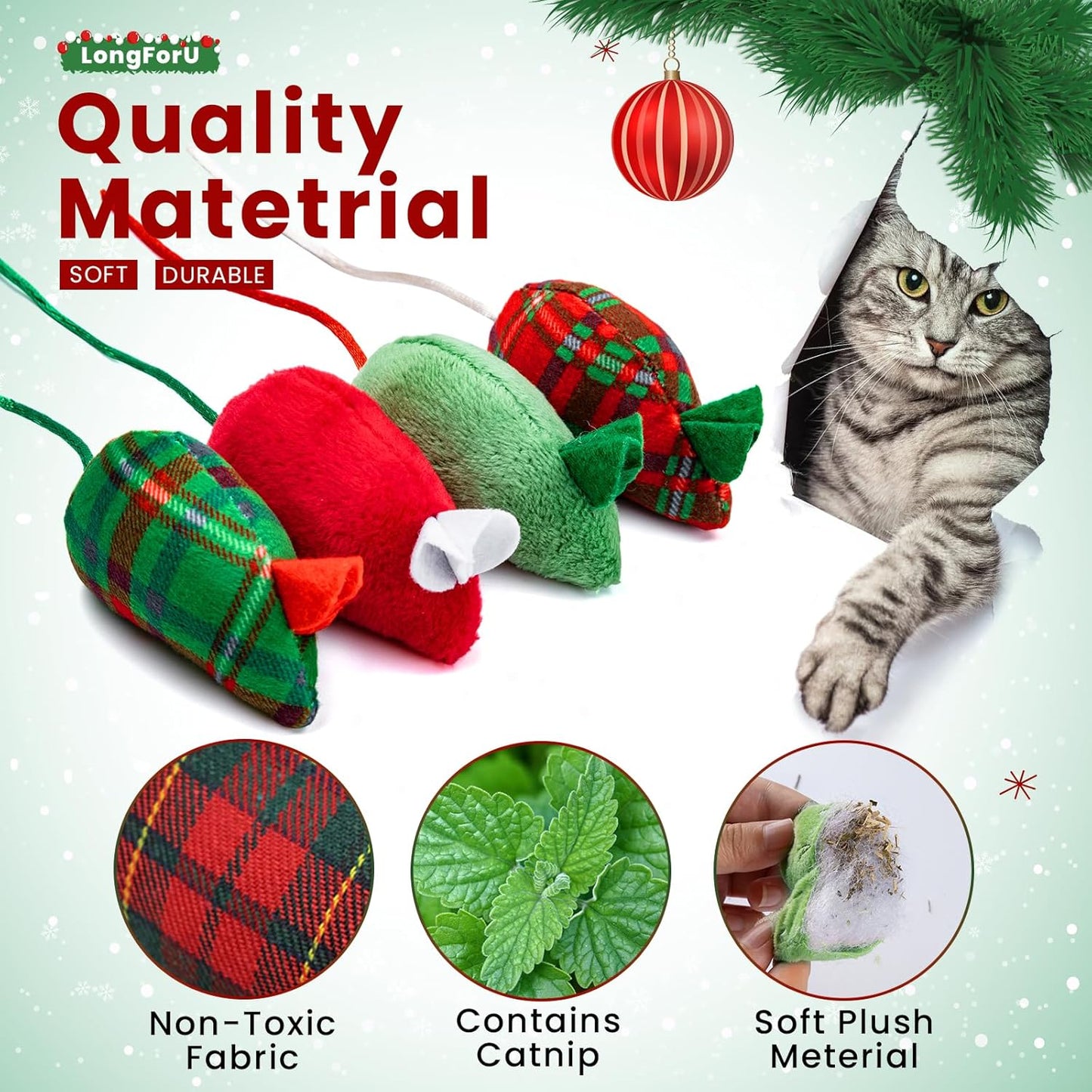Christmas Cat Toys, 4Pcs Catnip Mouse Toys and 10Pcs Silvervine Chew Sticks Interactive Toys for Indoor Cats Adult and Kitten
