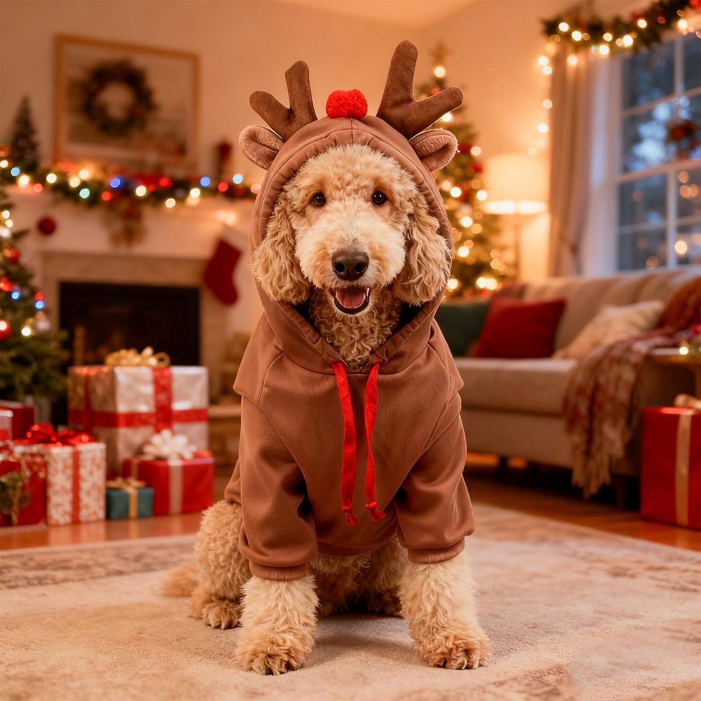 Dog Christmas Outfit, Christmas Pet Clothes Reindeer Xmas Jumpers Hoodie Coat Hat Xmas Pet Outfit Winter Coat for Small Medium Large Dogs (M)