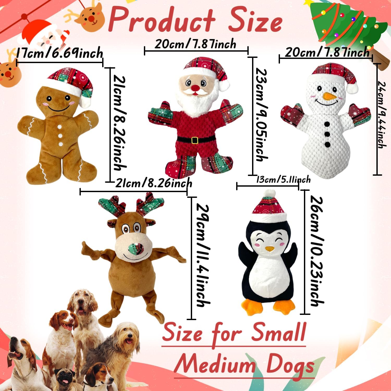 5 Pieces Christmas Squeaky Interactive Dog Toys with Crinkle, Plush Toys to Keep Them Busy for Boredom, for Small Medium Large Dogs - Santa/Penguin/Snowman/Gingerbread Man/Deer