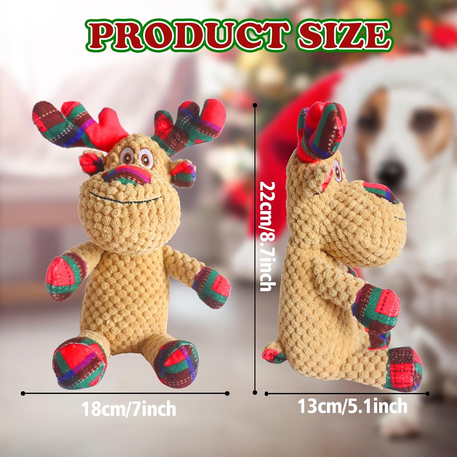 Christmas Squeaky Dog Toys,Soft Cute Reindeer Durable Teeth Cleaning Interactive Plush Dog Toys,Xmas Gift for Puppies Small and Medium Dogs