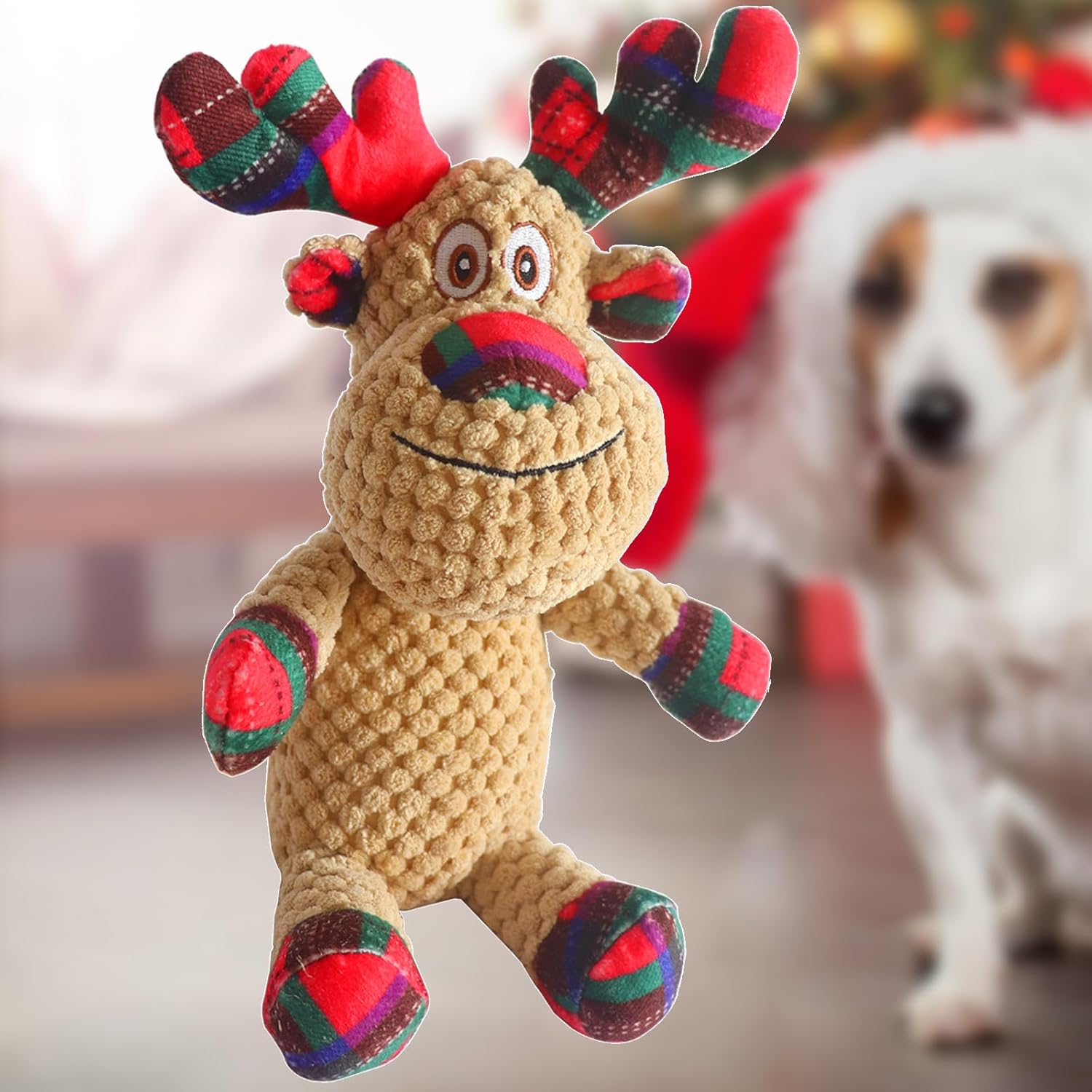 Christmas Squeaky Dog Toys,Soft Cute Reindeer Durable Teeth Cleaning Interactive Plush Dog Toys,Xmas Gift for Puppies Small and Medium Dogs
