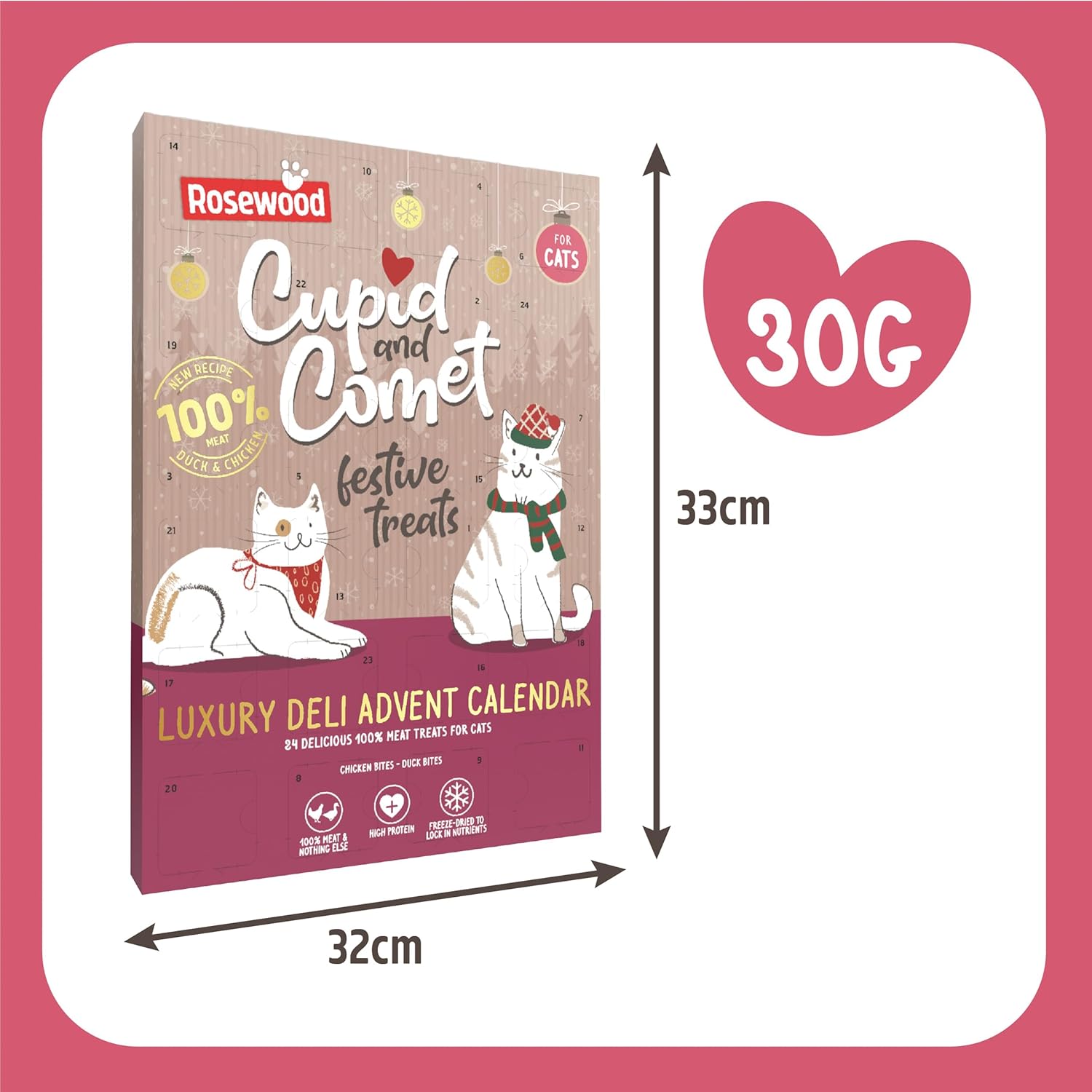 Cupid & Comet Luxury Deli Advent Calendar for Cats – 24 Meaty Cat Treats, Delicious Freeze Dried Chicken and Duck, High Protein, Natural Cat Treats for Christmas (30G)