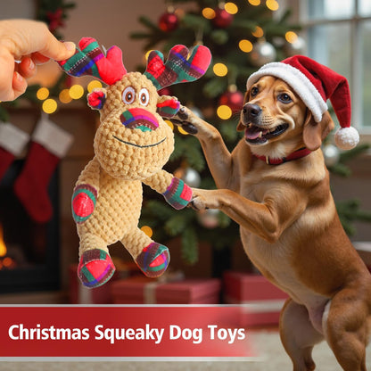 Christmas Squeaky Dog Toys,Soft Cute Reindeer Durable Teeth Cleaning Interactive Plush Dog Toys,Xmas Gift for Puppies Small and Medium Dogs