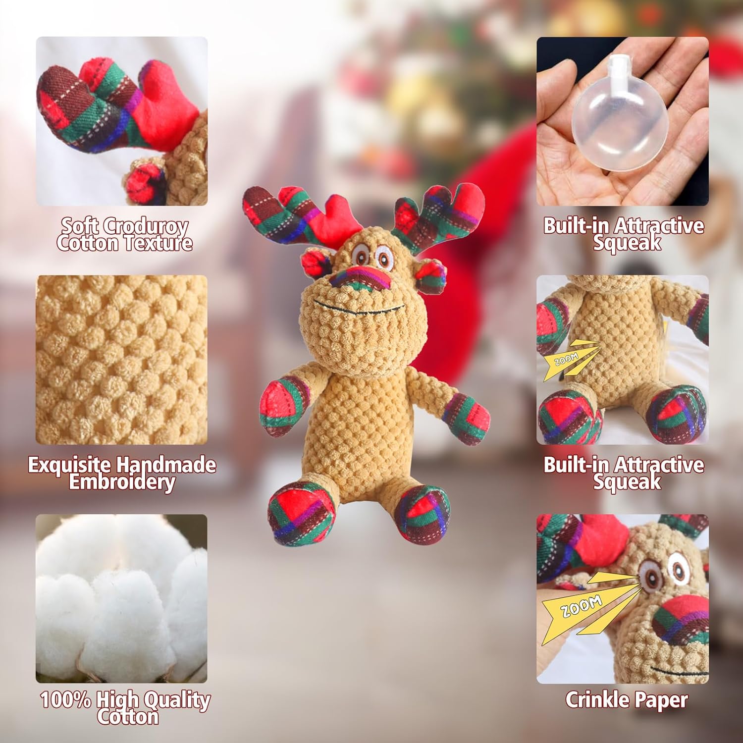 Christmas Squeaky Dog Toys,Soft Cute Reindeer Durable Teeth Cleaning Interactive Plush Dog Toys,Xmas Gift for Puppies Small and Medium Dogs