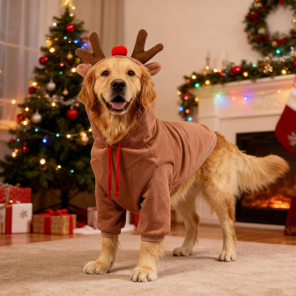 Dog Christmas Outfit, Christmas Pet Clothes Reindeer Xmas Jumpers Hoodie Coat Hat Xmas Pet Outfit Winter Coat for Small Medium Large Dogs (M)