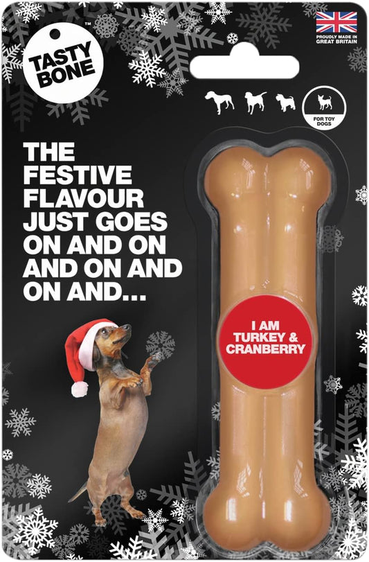 Tastybone Festive Nylon Dog Chew Toy for Toy Dogs (Turkey & Cranberry) - Christmas Dog Present, Indestructible for Aggressive Chewers, Everlasting Flavour, Made in the UK