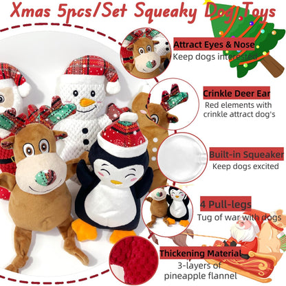 5 Pieces Christmas Squeaky Interactive Dog Toys with Crinkle, Plush Toys to Keep Them Busy for Boredom, for Small Medium Large Dogs - Santa/Penguin/Snowman/Gingerbread Man/Deer