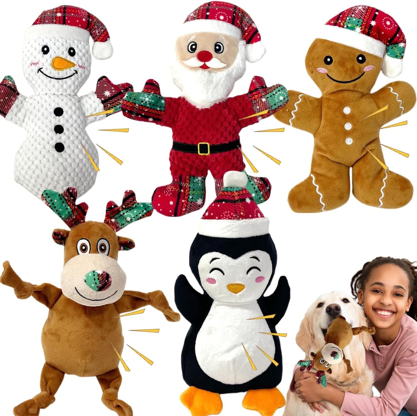 5 Pieces Christmas Squeaky Interactive Dog Toys with Crinkle, Plush Toys to Keep Them Busy for Boredom, for Small Medium Large Dogs - Santa/Penguin/Snowman/Gingerbread Man/Deer