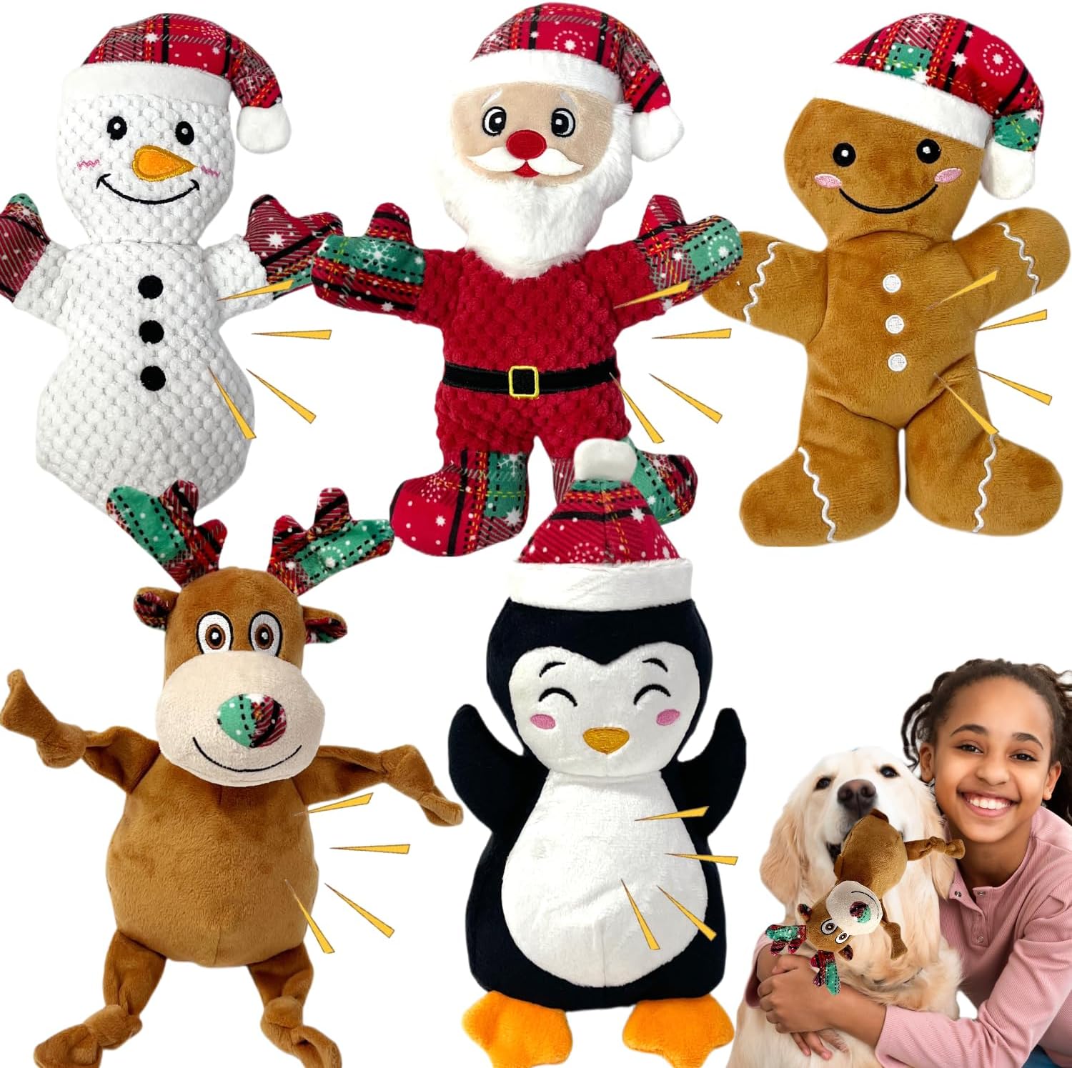 5 Pieces Christmas Squeaky Interactive Dog Toys with Crinkle, Plush Toys to Keep Them Busy for Boredom, for Small Medium Large Dogs - Santa/Penguin/Snowman/Gingerbread Man/Deer