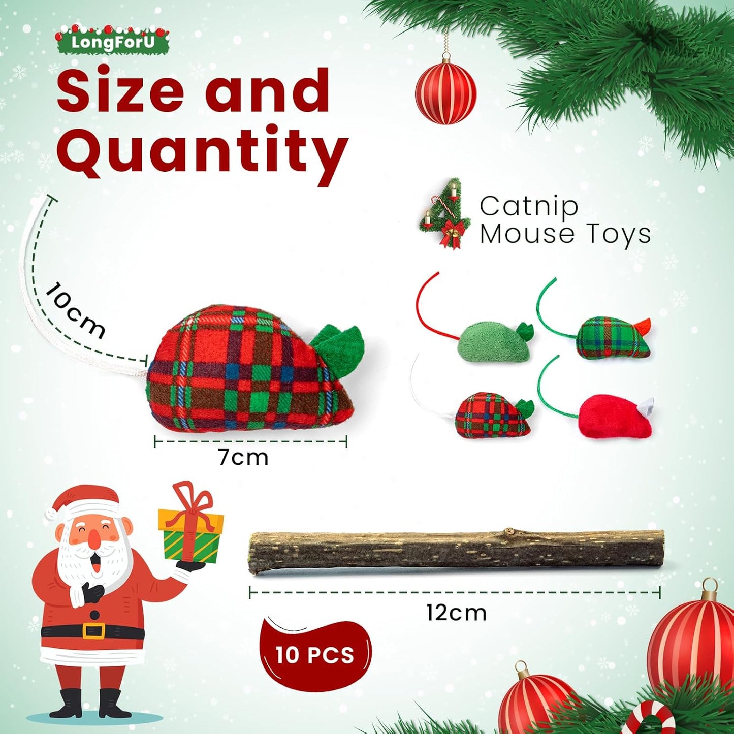 Christmas Cat Toys, 4Pcs Catnip Mouse Toys and 10Pcs Silvervine Chew Sticks Interactive Toys for Indoor Cats Adult and Kitten
