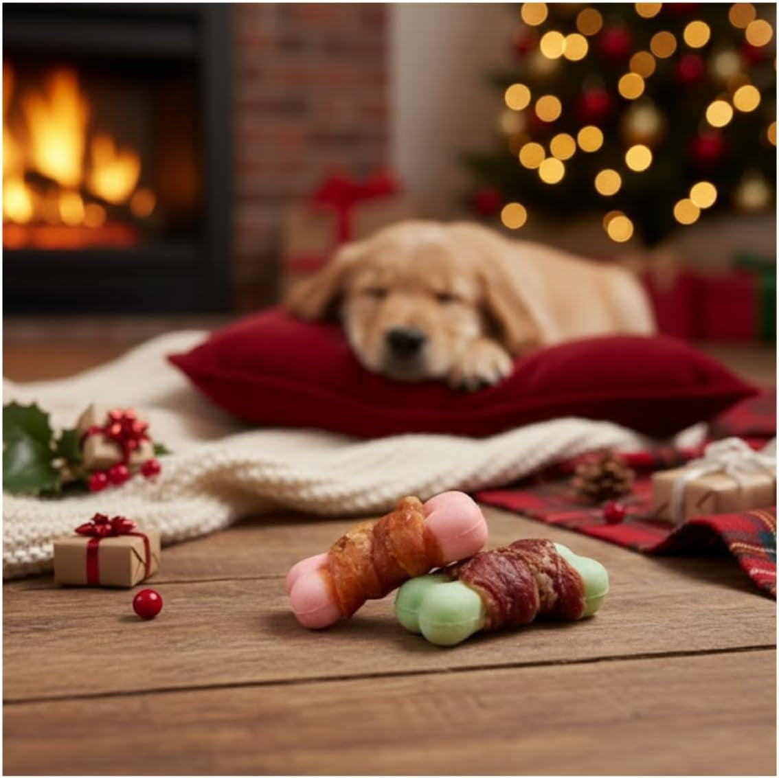 Festive Dog Treats Chicken & Duck Wrapped Biscuits – 4 Bags of Crunchy Pet Snacks in Seasonal Gift Packaging – Meaty Reward Training Treats & Stocking Fillers for Dogs at Christmas