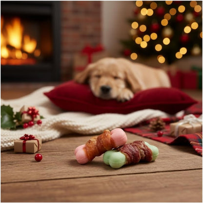 Festive Dog Treats Chicken & Duck Wrapped Biscuits – 4 Bags of Crunchy Pet Snacks in Seasonal Gift Packaging – Meaty Reward Training Treats & Stocking Fillers for Dogs at Christmas