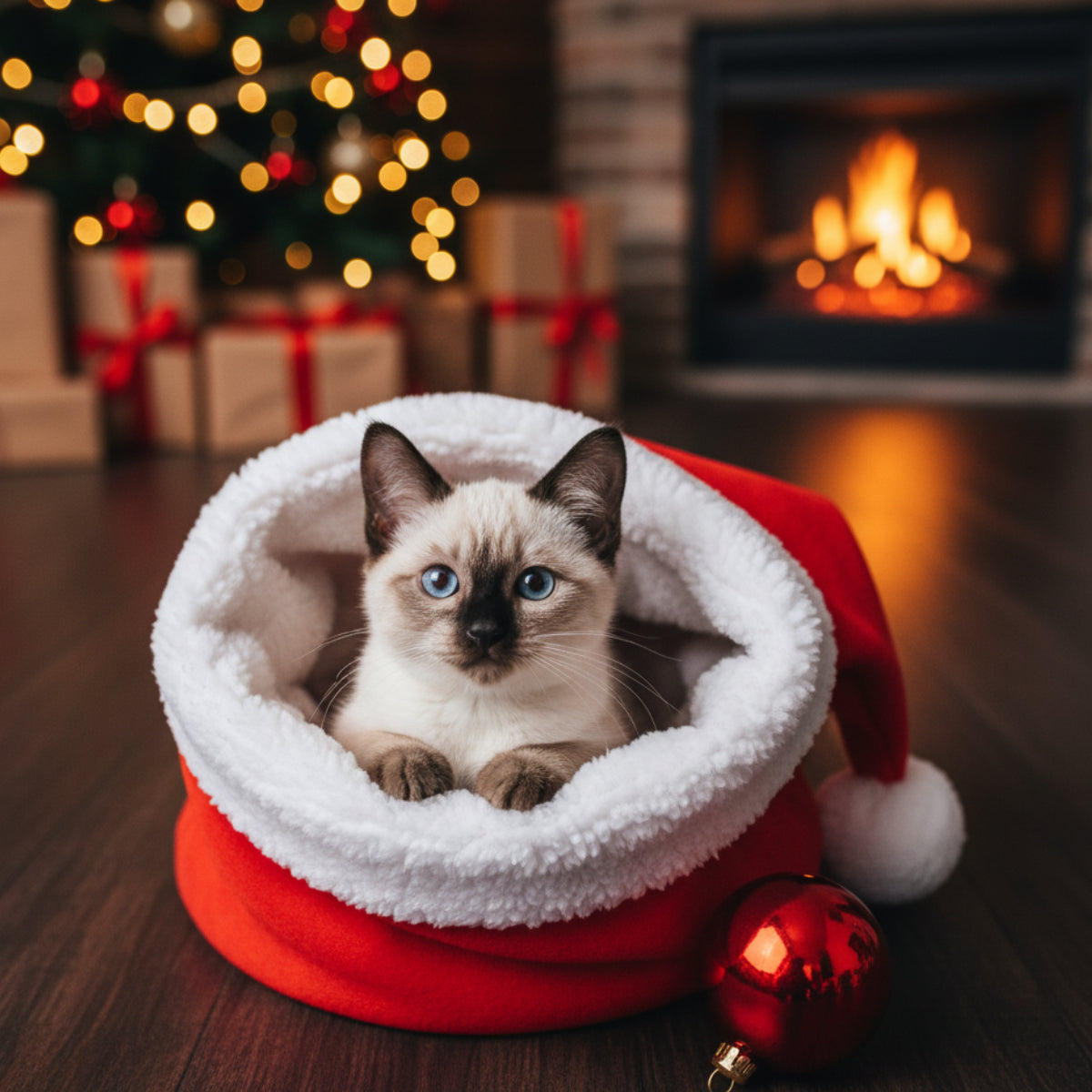 Christmas Cat Bed Crinkle Lining Bag Pet Kitten Toy Tunnel Hideaway Santa Hat