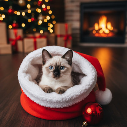 Christmas Cat Bed Crinkle Lining Bag Pet Kitten Toy Tunnel Hideaway Santa Hat