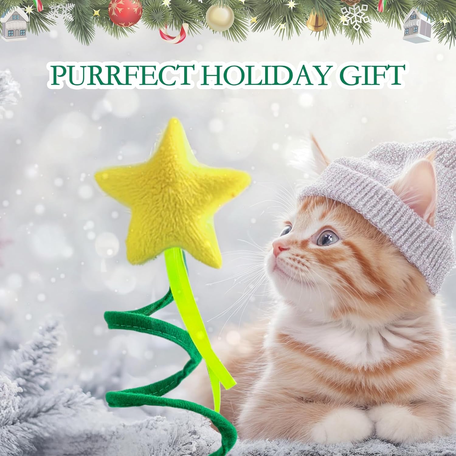 Cat Toys for Indoor Cats, Christmas Interactive Kitten Toys, Plush Spring High Resilience Collapsible Christmas Tree Star Style Pet Toys
