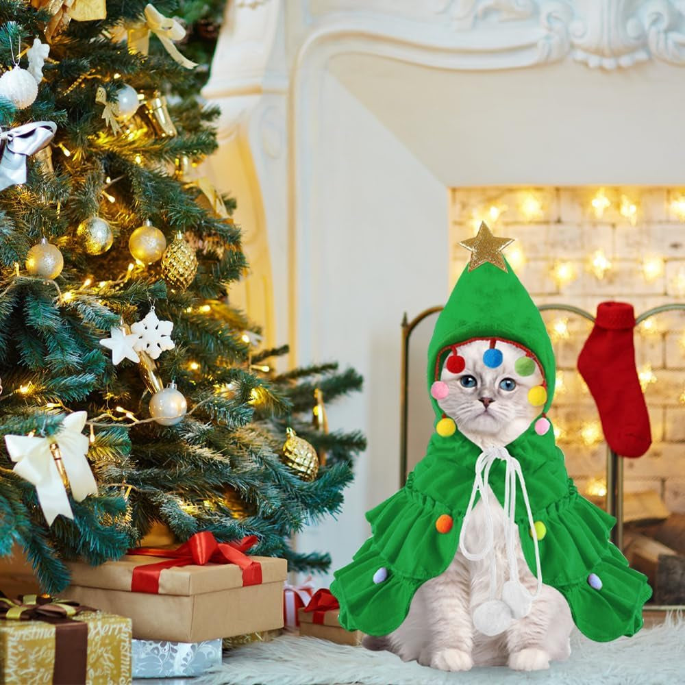 Pet Christmas Costume, Small Green Xmas Cat Cloak Cute Little Christmas Puppy Cape with Star for Small Dogs Cats Clothes Puppy New Year Party Supplies