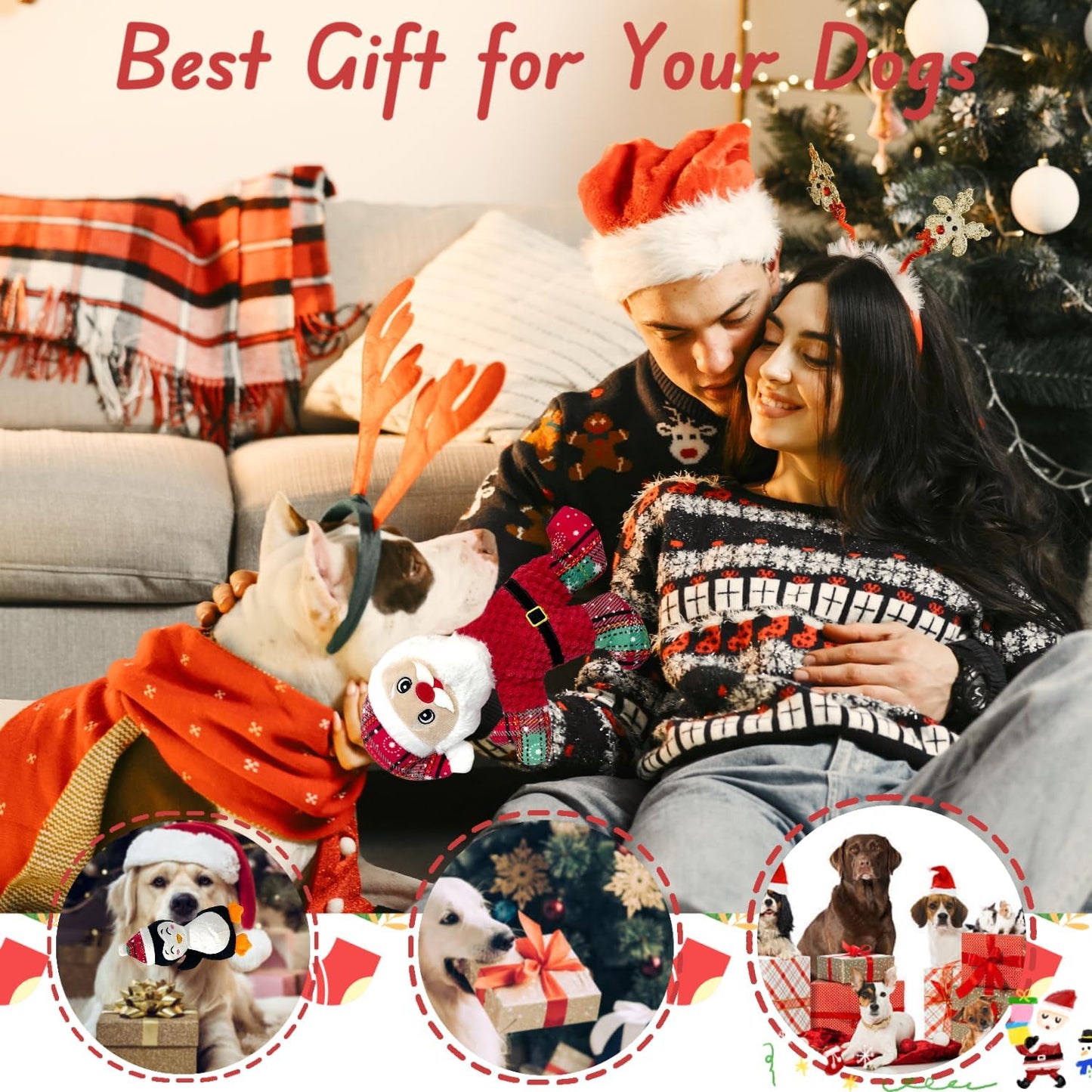 5 Pieces Christmas Squeaky Interactive Dog Toys with Crinkle, Plush Toys to Keep Them Busy for Boredom, for Small Medium Large Dogs - Santa/Penguin/Snowman/Gingerbread Man/Deer