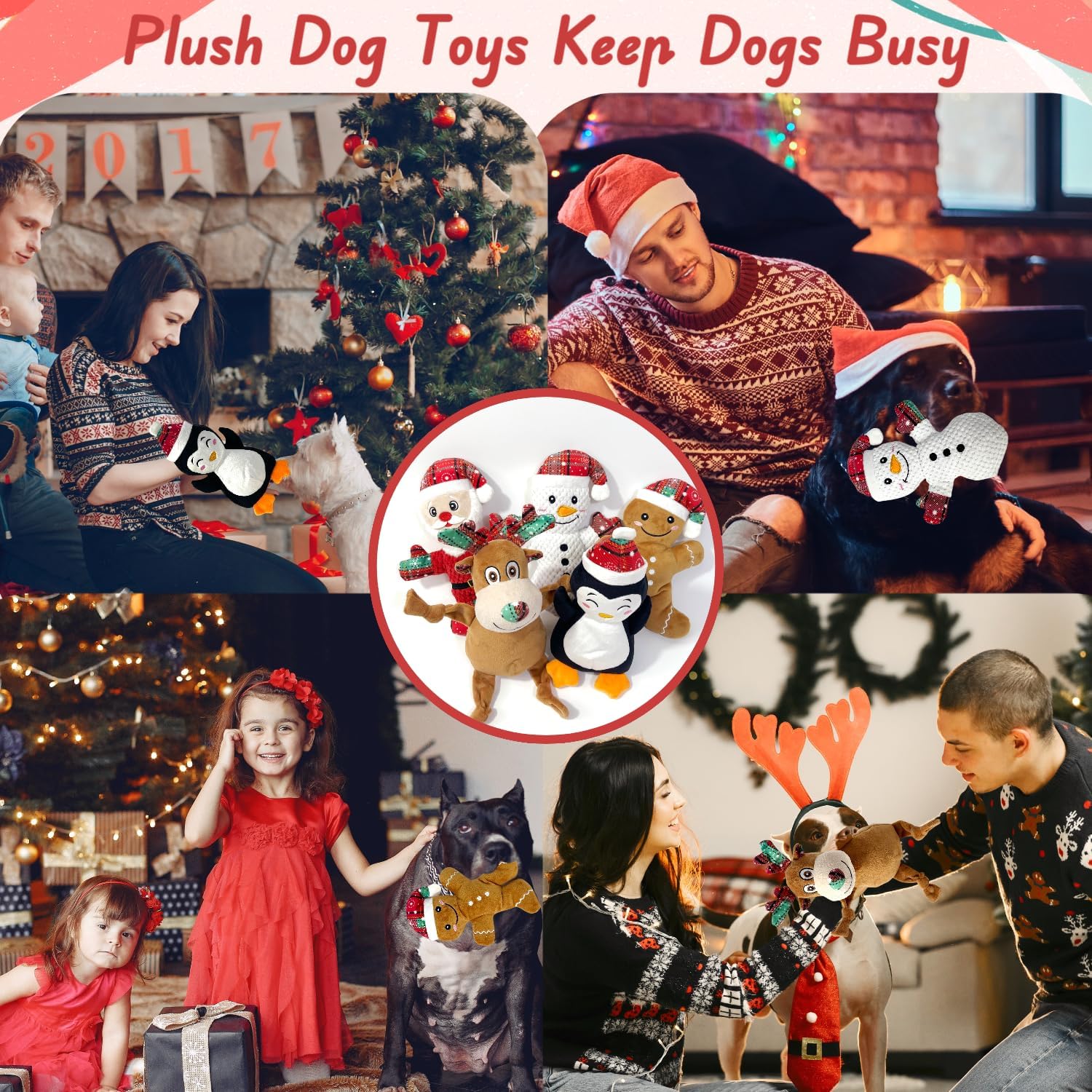 5 Pieces Christmas Squeaky Interactive Dog Toys with Crinkle, Plush Toys to Keep Them Busy for Boredom, for Small Medium Large Dogs - Santa/Penguin/Snowman/Gingerbread Man/Deer