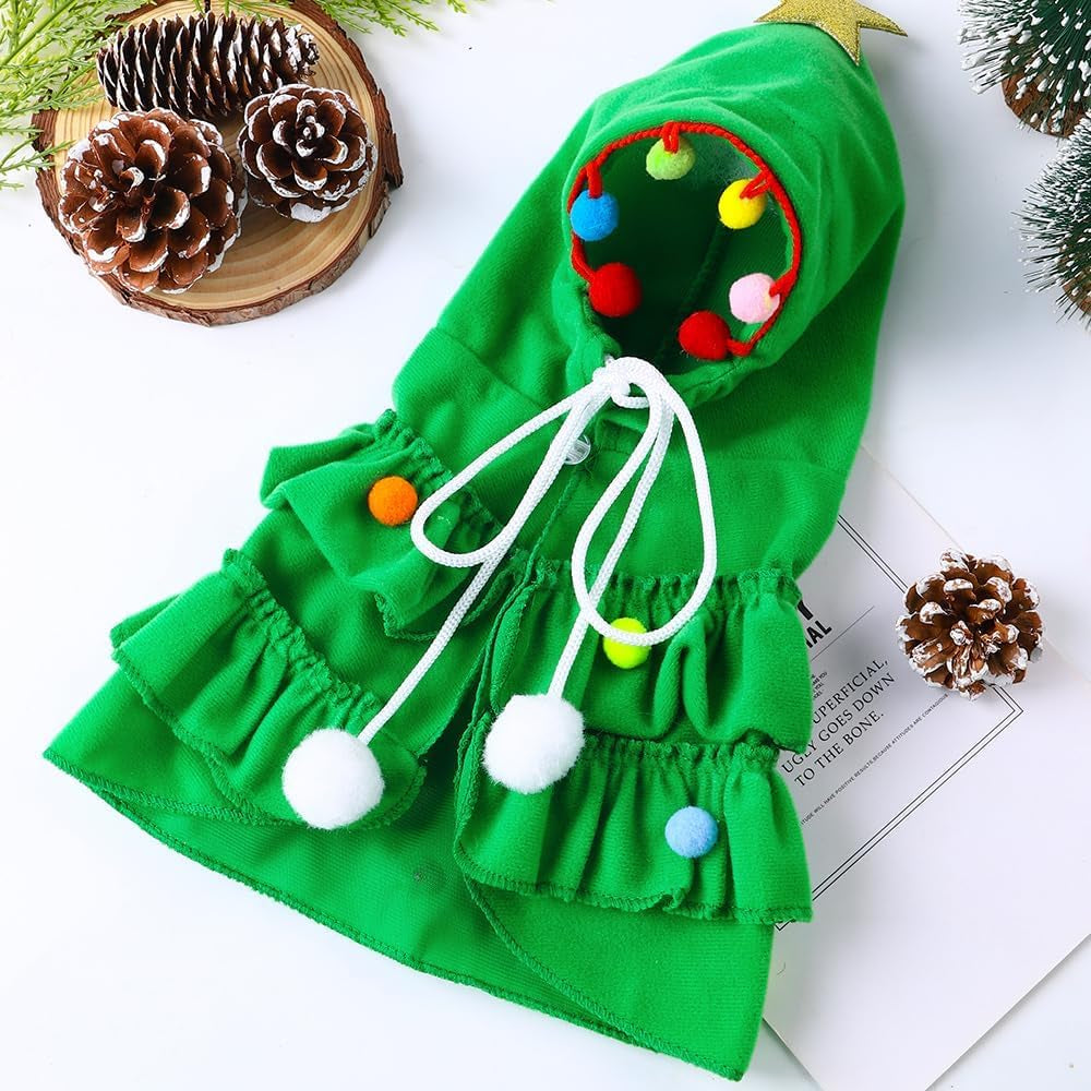 Pet Christmas Costume, Small Green Xmas Cat Cloak Cute Little Christmas Puppy Cape with Star for Small Dogs Cats Clothes Puppy New Year Party Supplies