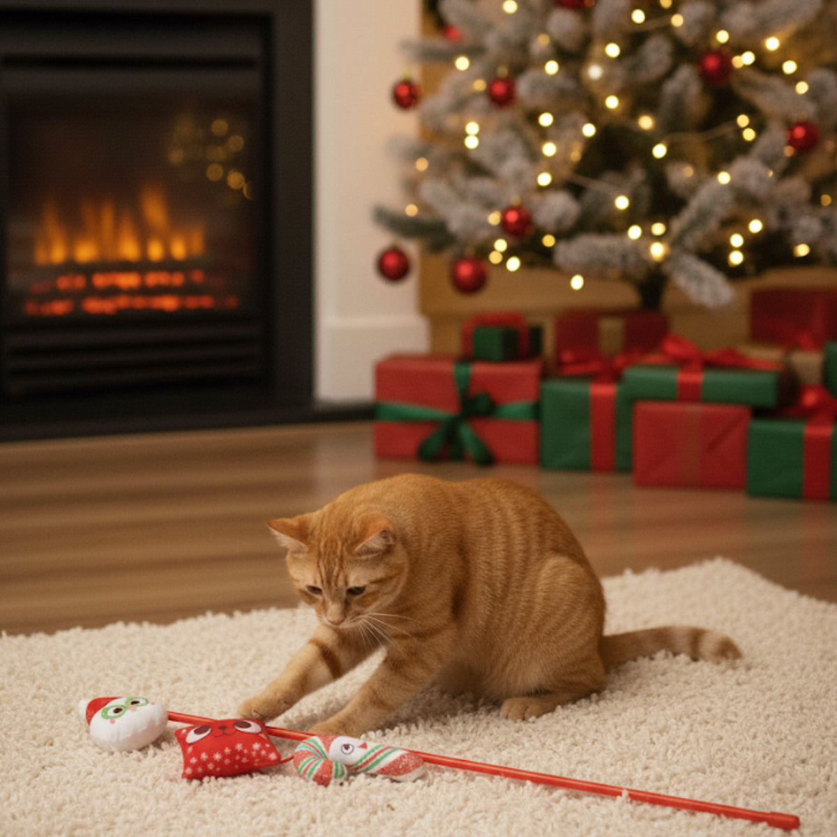 Christmas Cat Toy Wand with Catnip Crinkle Effect Feather Festive Kitten Teaser