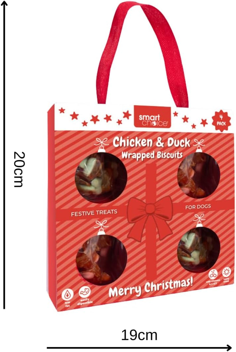 Festive Dog Treats Chicken & Duck Wrapped Biscuits – 4 Bags of Crunchy Pet Snacks in Seasonal Gift Packaging – Meaty Reward Training Treats & Stocking Fillers for Dogs at Christmas
