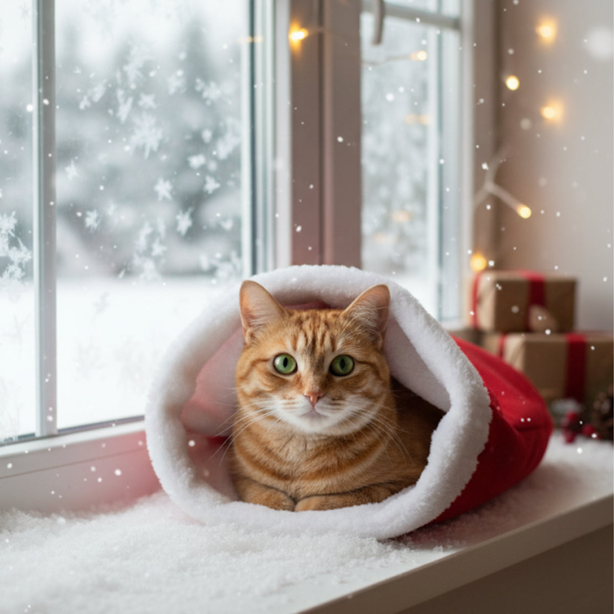 Christmas Cat Bed Crinkle Lining Bag Pet Kitten Toy Tunnel Hideaway Santa Hat