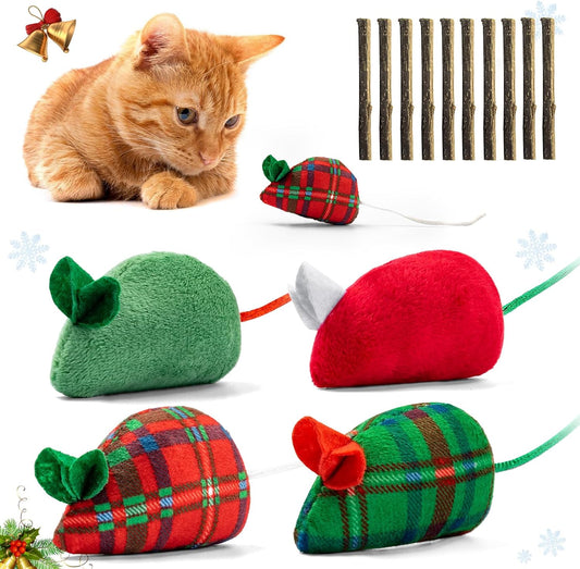 Christmas Cat Toys, 4Pcs Catnip Mouse Toys and 10Pcs Silvervine Chew Sticks Interactive Toys for Indoor Cats Adult and Kitten