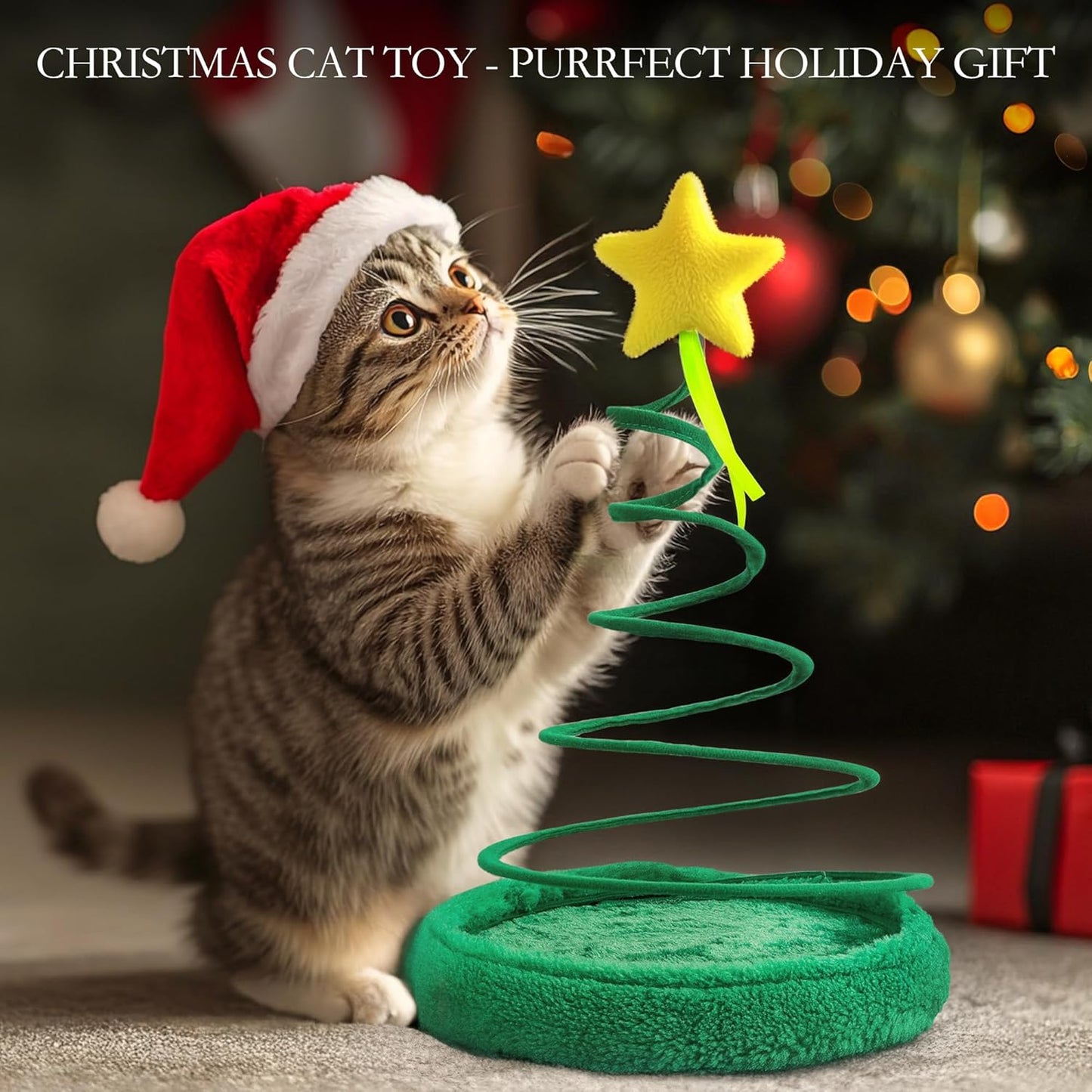Cat Toys for Indoor Cats, Christmas Interactive Kitten Toys, Plush Spring High Resilience Collapsible Christmas Tree Star Style Pet Toys