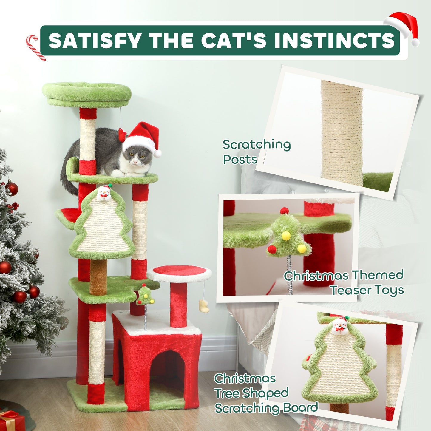 120Cm Cat Tree, Christmas Cat Tower with 3 Sisal Scratching Posts, Green
