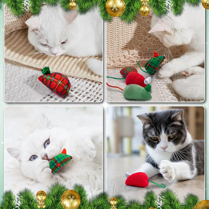 Christmas Cat Toys, 4Pcs Catnip Mouse Toys and 10Pcs Silvervine Chew Sticks Interactive Toys for Indoor Cats Adult and Kitten