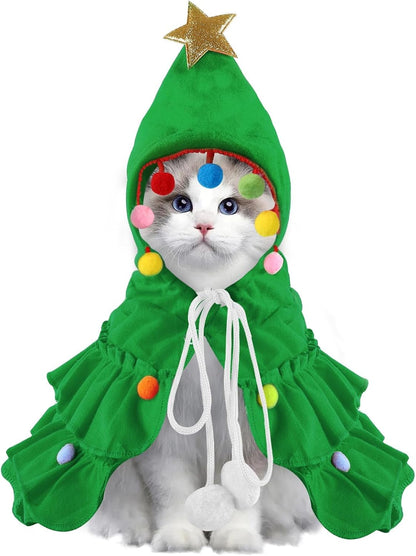 Pet Christmas Costume, Small Green Xmas Cat Cloak Cute Little Christmas Puppy Cape with Star for Small Dogs Cats Clothes Puppy New Year Party Supplies