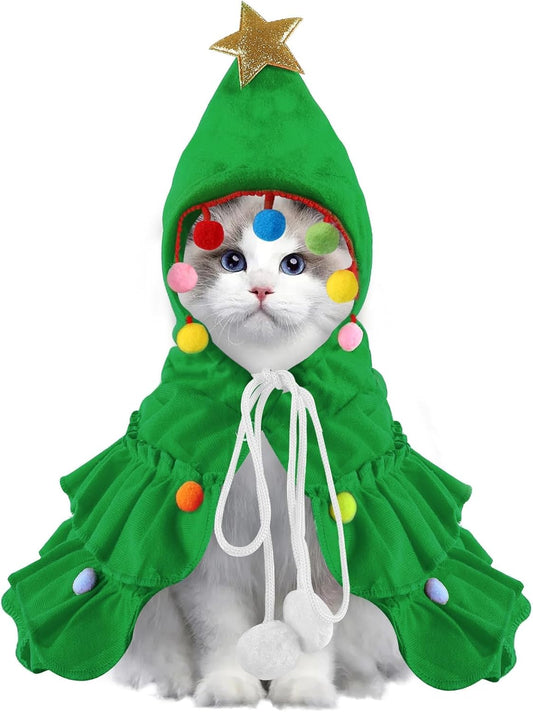 Pet Christmas Costume, Small Green Xmas Cat Cloak Cute Little Christmas Puppy Cape with Star for Small Dogs Cats Clothes Puppy New Year Party Supplies