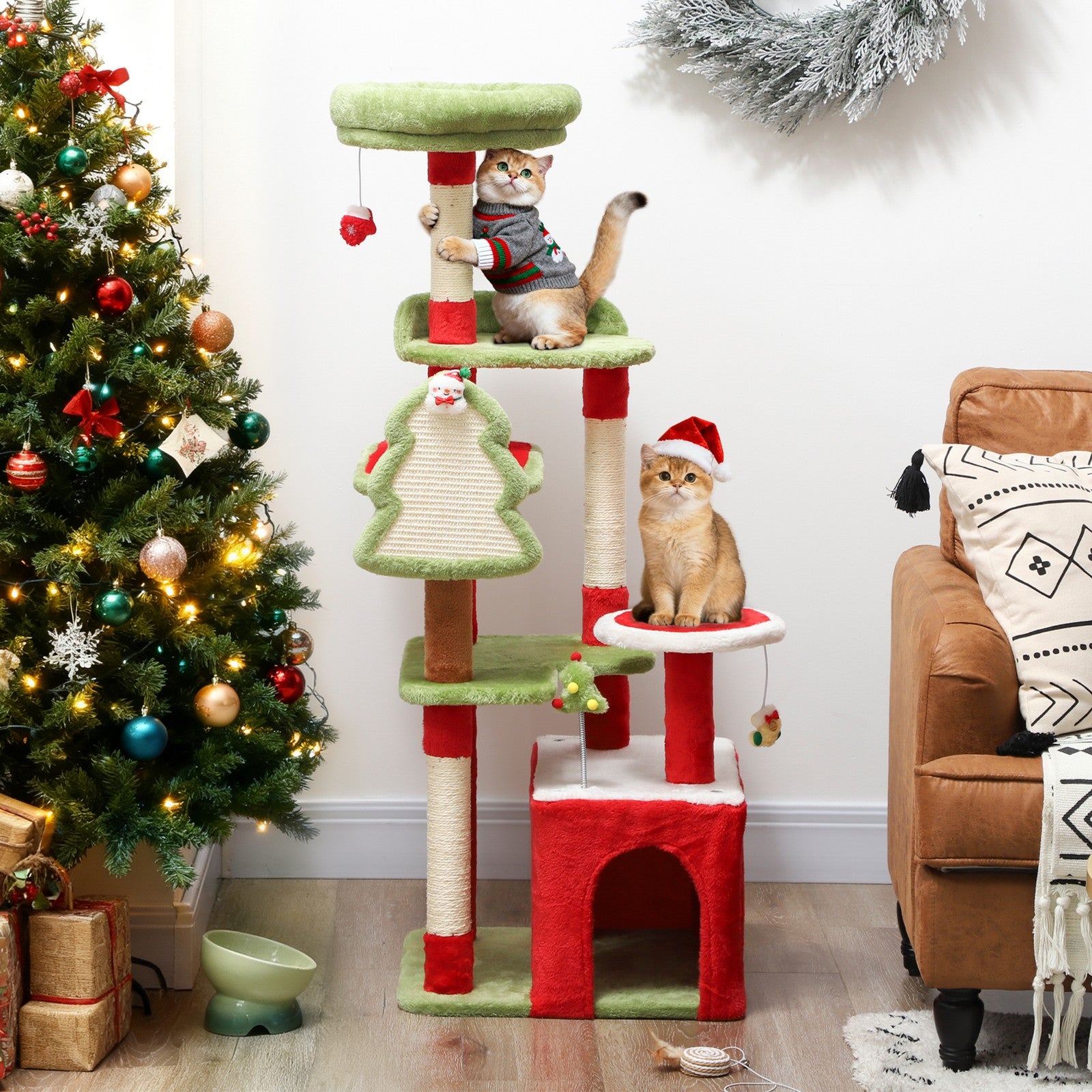 120Cm Cat Tree, Christmas Cat Tower with 3 Sisal Scratching Posts, Green