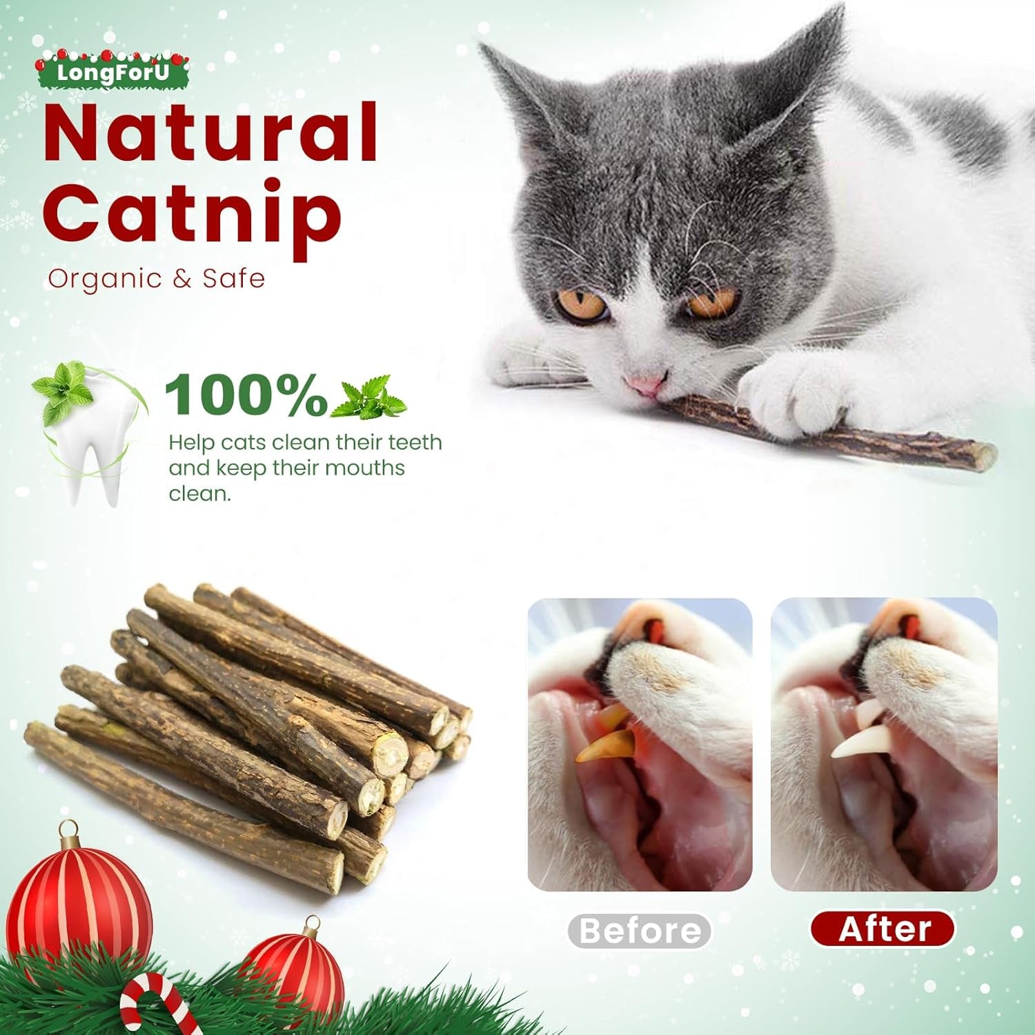 Christmas Cat Toys, 4Pcs Catnip Mouse Toys and 10Pcs Silvervine Chew Sticks Interactive Toys for Indoor Cats Adult and Kitten