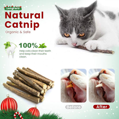 Christmas Cat Toys, 4Pcs Catnip Mouse Toys and 10Pcs Silvervine Chew Sticks Interactive Toys for Indoor Cats Adult and Kitten