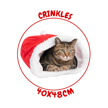 Christmas Cat Bed Crinkle Lining Bag Pet Kitten Toy Tunnel Hideaway Santa Hat