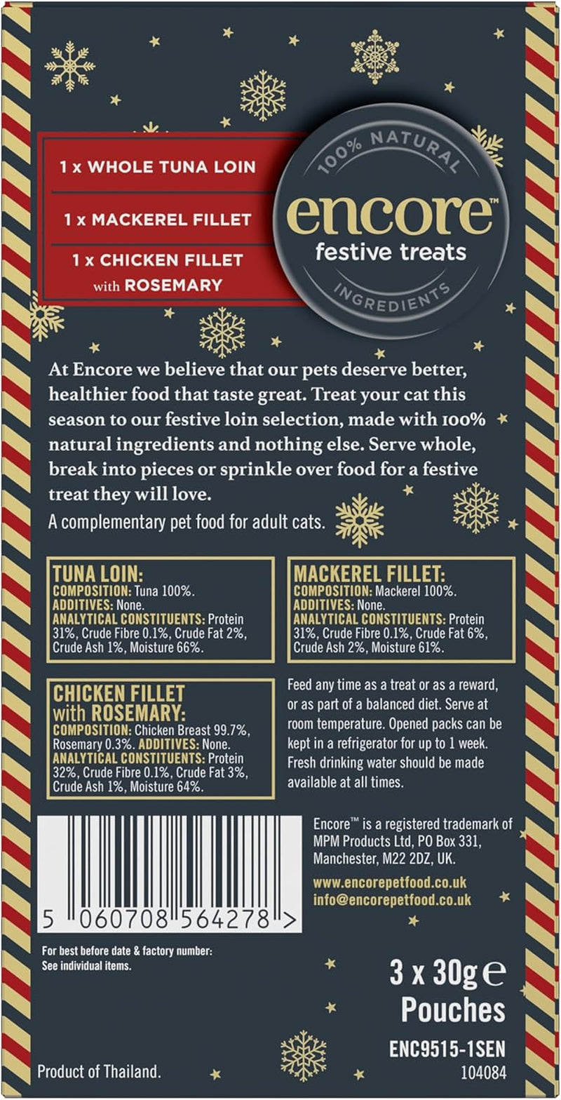 100% Natural Cat Treat Loins – Festive Variety, Grain Free (Tuna, Mackerel & Chicken with Rosemary) Pack of 3 × 30 G