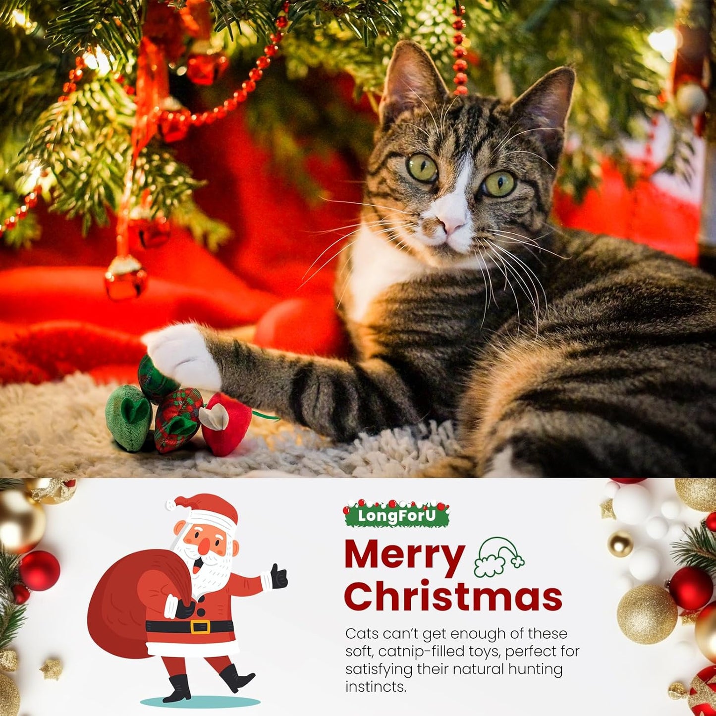 Christmas Cat Toys, 4Pcs Catnip Mouse Toys and 10Pcs Silvervine Chew Sticks Interactive Toys for Indoor Cats Adult and Kitten