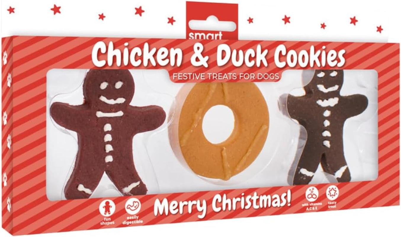 Festive Dog Treats Meaty Christmas Cookie Pack – 3 Pet Biscuits in Gingerbread & Ring Shapes with Chicken, Duck & Liver Flavour – Seasonal Snacks in Festive Gift Packaging for Dogs